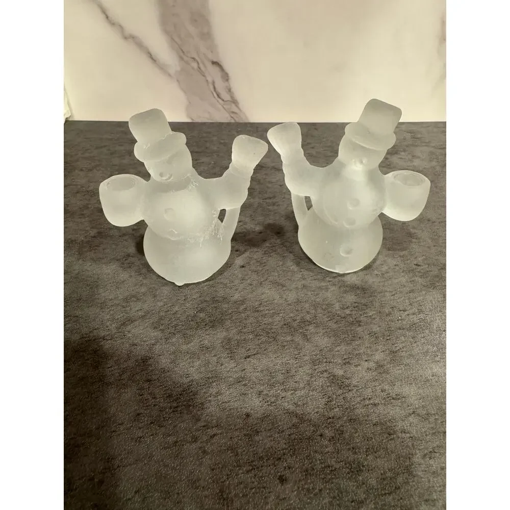 Williams Sonoma Snowman Tiny Taper Candle Holders  Frosted Glass